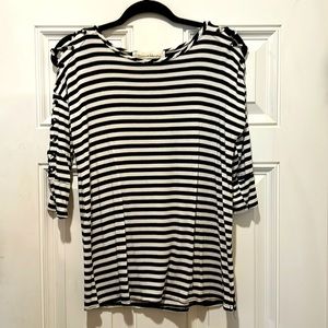Black&white striped “cold shoulder” - long sleeve - shoulders are “laced”-size s